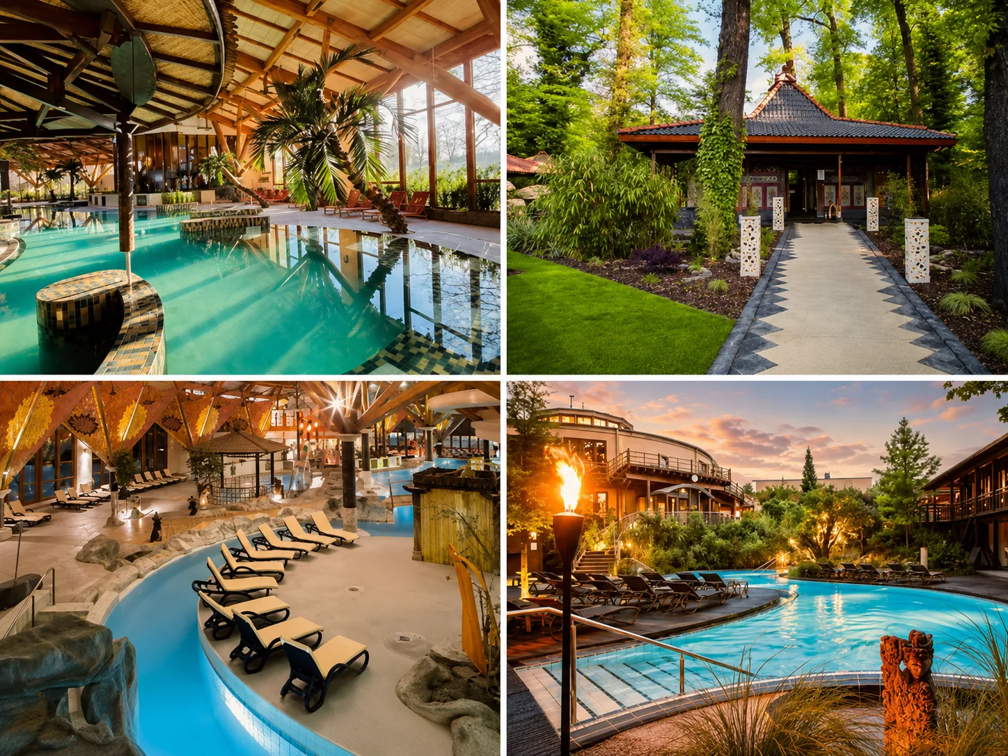 Collage der Bali Therme Bad Oeynhausen mit Thermalbad und Außenbereich